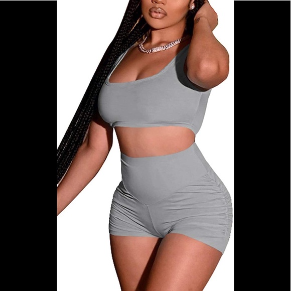 Bralette/Cami Crop Style Top & Ruched High Waisted Short 2Pc Black Shorts Outfit - Picture 6 of 7
